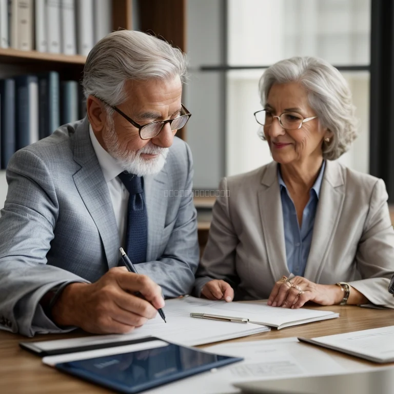 Elderly woman and lawyer discussing legal documents